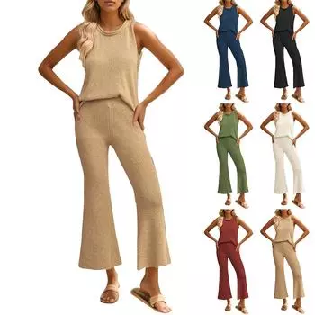 Женский модный однотонный вязаный комплект без рукавов с круглым вырезом и брюками L бежевый