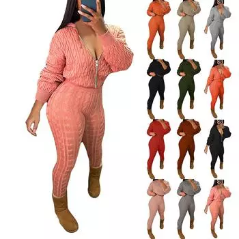 Женский модный однотонный вязаный свитер с капюшоном, облегающие брюки, комплект из двух предметов L чёрный