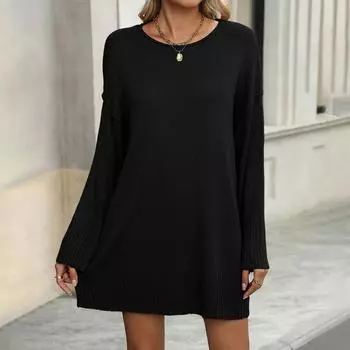 Женский модный однотонный вязаный свитер средней длины с круглым свитером с длинными рукавами L чёрный