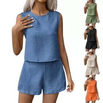 Женский модный однотонный жилет без рукавов с шортами и повседневный комплект из двух предметов L бежевый