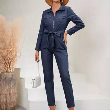 Женский модный осенне-зимний повседневный тонкий джинсовый рабочий комбинезон с длинными рукавами