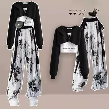 Женский модный осенний комплект из трех предметов, корейский осенний модный укороченный топ с длинными рукавами, жилет, широкие брюки, повседневный спортивный комплект XL чёрный