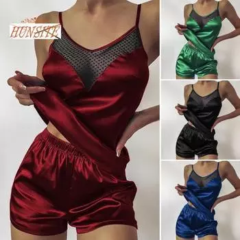 Женский модный пижамный комплект, европейский и американский сексуальный однотонный пятно, прозрачная рубашка на бретельках, повседневные шорты, комплект из двух предметов, домашняя одежда XL вино красного