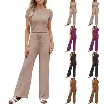 Женский модный пляжный костюм с круглым вырезом и короткими рукавами L чёрный