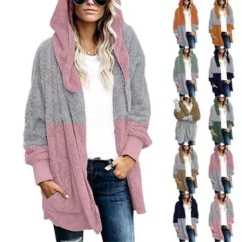 Женский модный плюшевый кардиган с капюшоном, свободное пальто с длинными рукавами и цветными блоками S светло-розовый