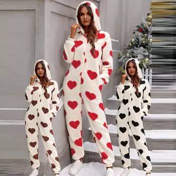 Женский модный плюшевый комбинезон с капюшоном и длинными рукавами с принтом в виде сердца L чёрный