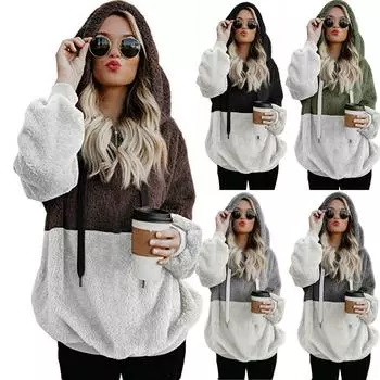 Женский модный плюшевый свитер с капюшоном и молнией с длинными рукавами и блокировкой цветов XXL кофейный