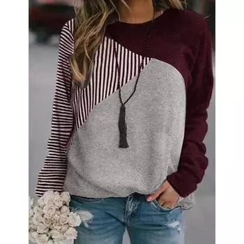 Женский модный полосатый пуловер контрастного цвета, черный, винно-красный, осенний свитшот с длинным рукавом и круглым вырезом с принтом S чёрный