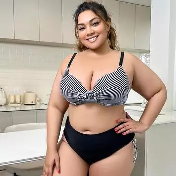 Женский модный полосатый сексуальный купальник из двух частей большого размера с мягкой подкладкой, топ с завязками по бокам и низ, комплект купальников с высокой талией, танкини, купальный костюм M