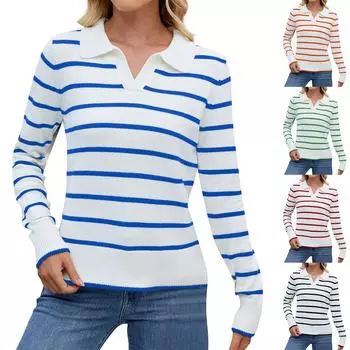 Женский модный полосатый V-образный вырез свободный длинный рукав вязаный свитер пуловер топ L чёрный