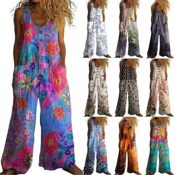 Женский модный повседневный бохо-принтованный винтажный этнический свободный жилет с карманами на пуговицах комбинезон L бежевый