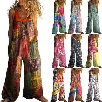 Женский модный повседневный бохо-принтованный винтажный этнический свободный жилет с карманами на пуговицах комбинезон L синий