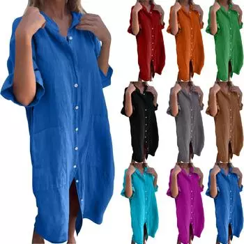 Женский модный повседневный кардиган на пуговицах, однотонное платье из хлопка и льна с карманами XXXXXL оранжевый