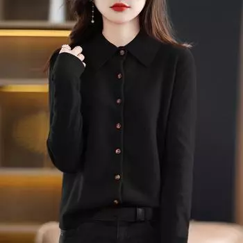 Женский модный повседневный кардиган однотонного цвета свободного кроя с длинными рукавами и отложным воротником L чёрный