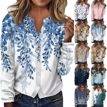 Женский модный повседневный кардиган с v-образным вырезом и цветочным принтом, топ с длинными рукавами XXXL синий