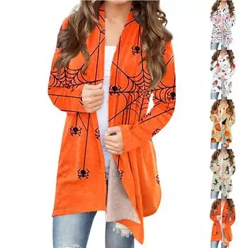 Женский модный повседневный кардиган средней длины с принтом на Хэллоуин, куртка, пальто XXXL