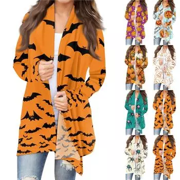 Женский модный повседневный кардиган средней длины с принтом на Хэллоуин, куртка, пальто M зелёный