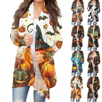 Женский модный повседневный кардиган средней длины с принтом на Хэллоуин, куртка, пальто M