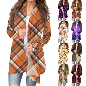 Женский модный повседневный кардиган средней длины с принтом на Хэллоуин, куртка, пальто L коричневый