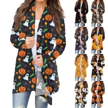Женский модный повседневный кардиган средней длины с принтом на Хэллоуин, куртка, пальто L белый