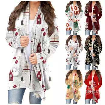 Женский модный повседневный кардиган средней длины с рождественским принтом и пальто XXL зелёный