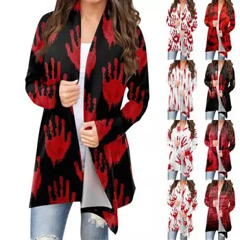 Женский модный повседневный кардиган средней длины с принтом на Хэллоуин, куртка, пальто L чёрный