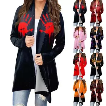 Женский модный повседневный кардиган средней длины с принтом на Хэллоуин, куртка, пальто XL красный