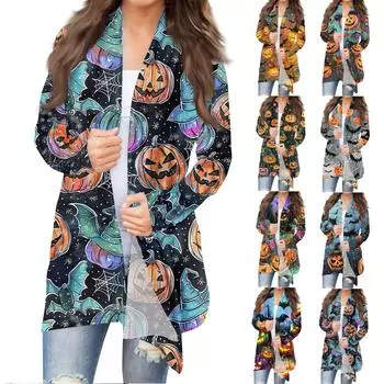 Женский модный повседневный кардиган средней длины с принтом на Хэллоуин, куртка, пальто M синий