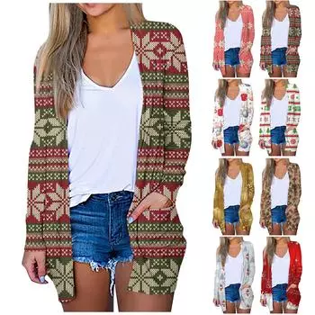 Женский модный повседневный кардиган средней длины с рождественским принтом, куртка, пальто с карманом XXXXXL золотой