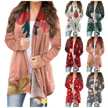 Женский модный повседневный кардиган средней длины с рождественским принтом и пальто XXL киноварь