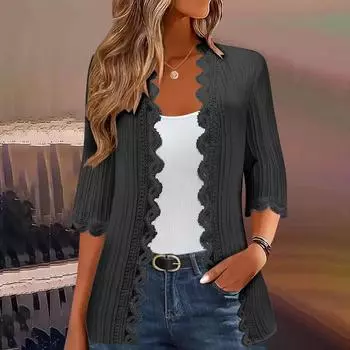 Женский модный повседневный кардиган-жакет с рукавами семь восьмых и кружевной отделкой, однотонный L чёрный