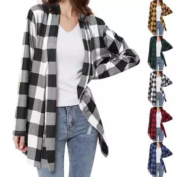 Женский модный повседневный клетчатый кардиган и зимняя куртка с длинным рукавом L чёрный