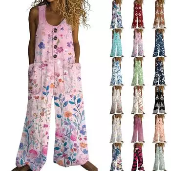 Женский модный повседневный комбинезон без рукавов на пуговицах с винтажным цветочным принтом, хлопковый комбинезон с карманами L армия зеленый