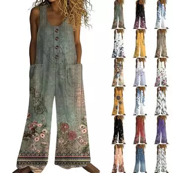 Женский модный повседневный комбинезон без рукавов на пуговицах, комбинезон из хлопка с карманами и цветочным принтом в стиле ретро L армия зеленый