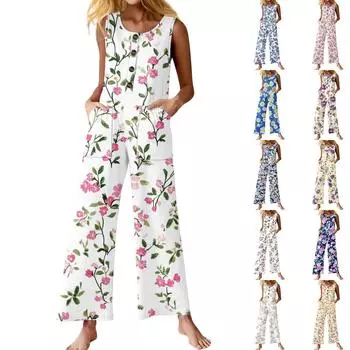 Женский модный повседневный комбинезон без рукавов с пуговицами и цветочным принтом, хлопковый комбинезон с карманами L бежевый