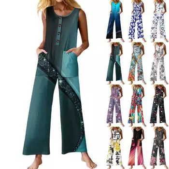 Женский модный повседневный комбинезон без рукавов с пуговицами и цветочным принтом, хлопковый комбинезон с карманами L чёрный