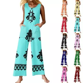 Женский модный повседневный комбинезон без рукавов с пуговицами и цветочным принтом, хлопковый комбинезон с карманами L