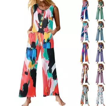 Женский модный повседневный комбинезон без рукавов с пуговицами и цветочным принтом, хлопковый комбинезон с карманами L армия зеленый