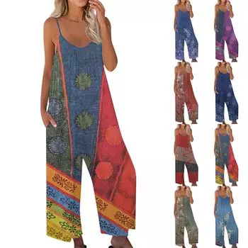 Женский модный повседневный комбинезон с цветочным принтом, свободный комбинезон на подтяжках L синий