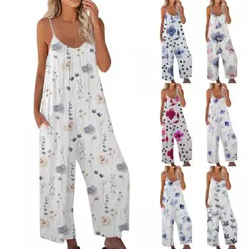 Женский модный повседневный комбинезон с цветочным принтом, свободный комбинезон на подтяжках L синий