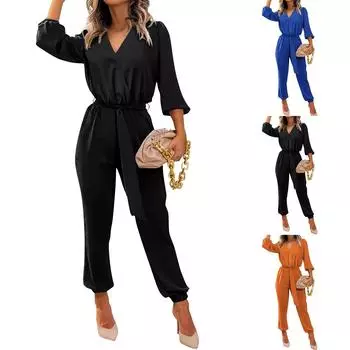 Женский модный повседневный комбинезон с пузырьковыми рукавами и v-образным вырезом на талии, комбинезон с завязками на талии L чёрный