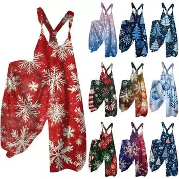 Женский модный повседневный комбинезон с рождественским принтом и широкими бретелями сзади M