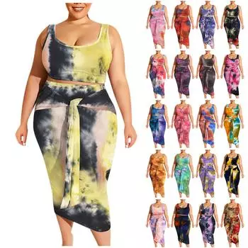 Женский модный повседневный комплект из двух предметов без рукавов с ягодицами, костюм с принтом тай-дай XL коричневый