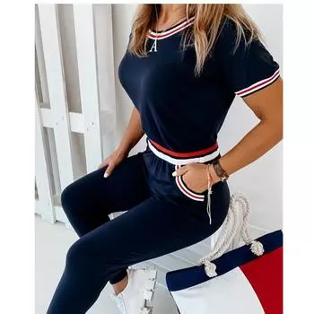 Женский модный повседневный комплект из двух предметов, комплект спортивной одежды, женская осенняя одежда, комплекты из топа и брюк с короткими рукавами L темно-синий
