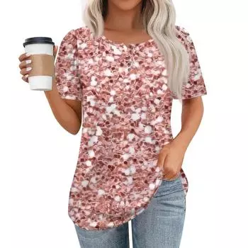 Женский модный повседневный короткий рукав пуловер с принтом на пуговицах и круглым вырезом L