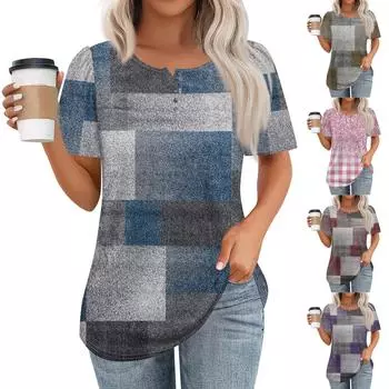 Женский модный повседневный короткий рукав пуловер с принтом на пуговицах и круглым вырезом L синий