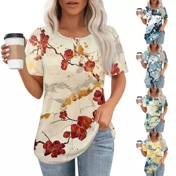 Женский модный повседневный короткий рукав пуловер с принтом на пуговицах и круглым вырезом L