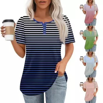 Женский модный повседневный короткий рукав пуловер с принтом на пуговицах и круглым вырезом M