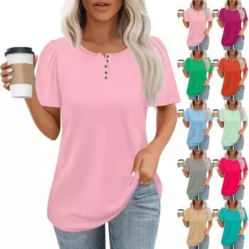 Женский модный повседневный короткий рукав пуловер с принтом на пуговицах и круглым вырезом L