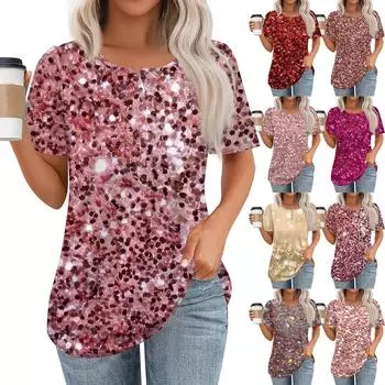 Женский модный повседневный короткий рукав пуловер с принтом на пуговицах и круглым вырезом L золотой